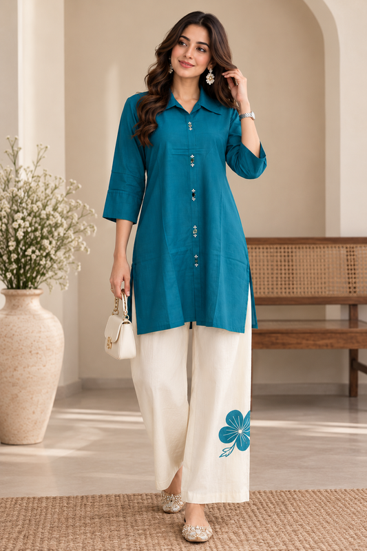 Teal Shirt Collar Kurti with Floral Palazzo Set