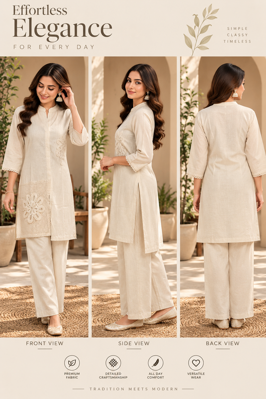 Off-White Khadi Cutwork Embroidered Kurti Pant Set - Front Side and Back View