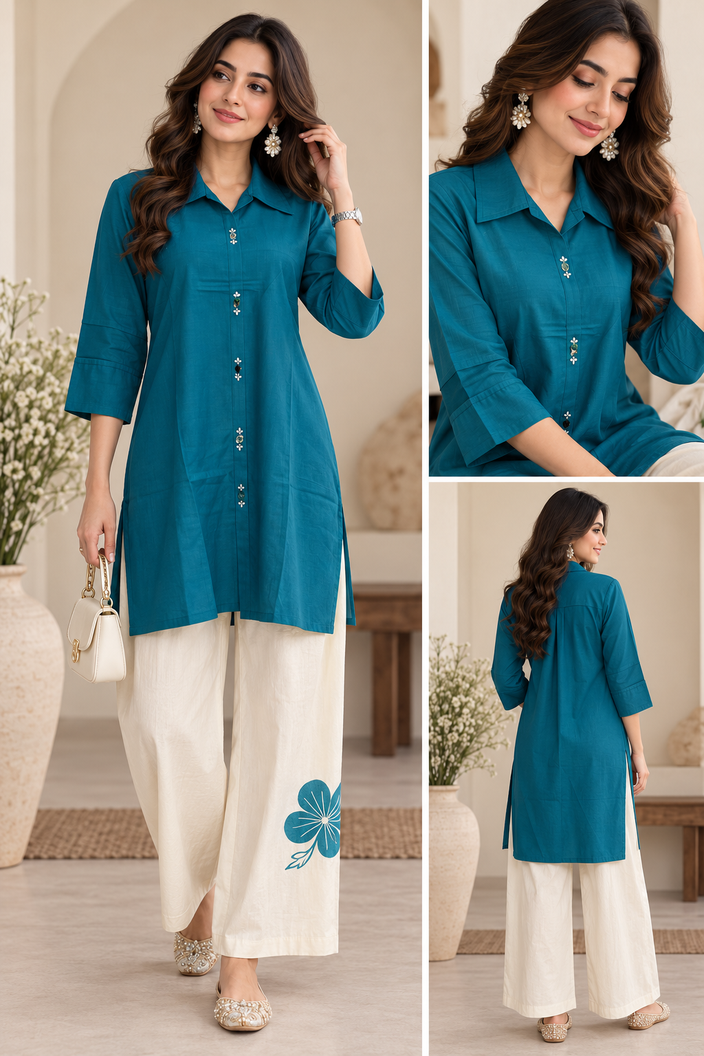 Teal Shirt Collar Kurti with Floral Palazzo Set