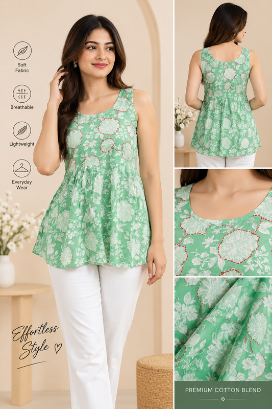 Sage Green Floral Short Kurti - front and back view