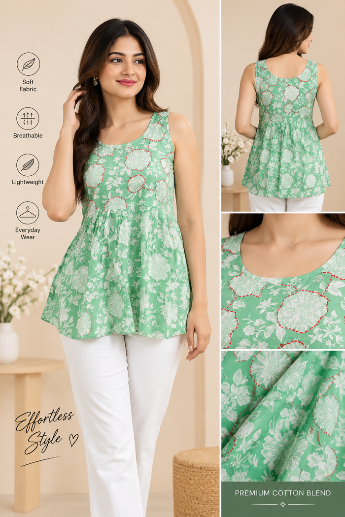 Sage Green Floral Short Kurti - front and back view