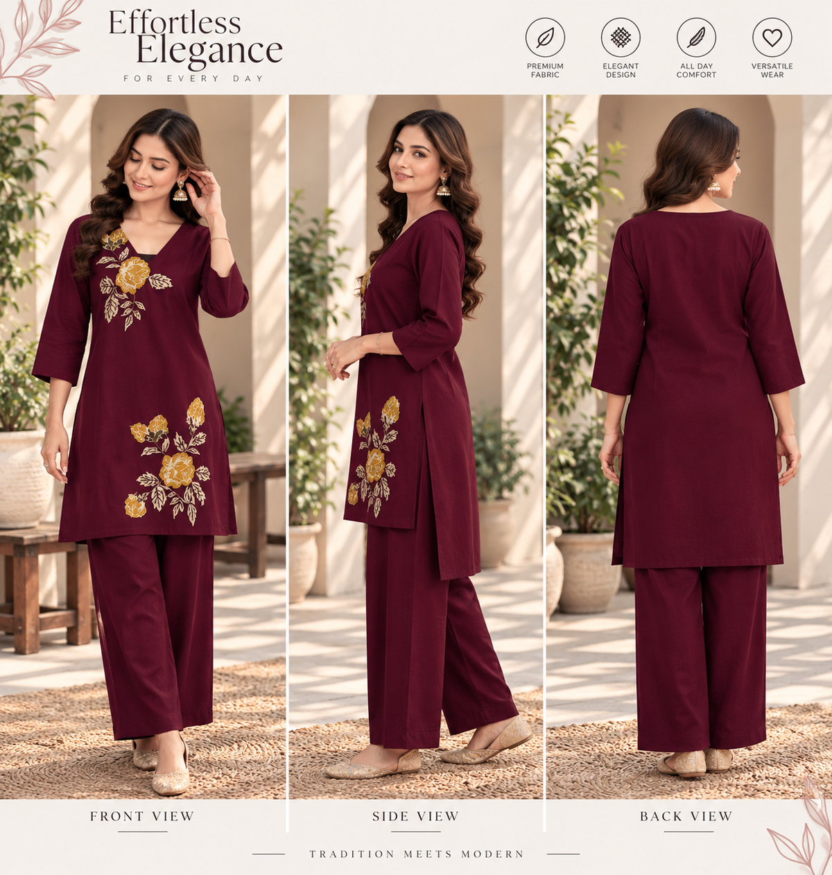 Maroon Floral Embroidered Kurti Palazzo Set - Front Side and Back View