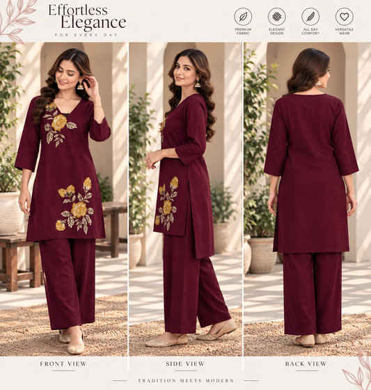 Maroon Floral Embroidered Kurti Palazzo Set - Front Side and Back View