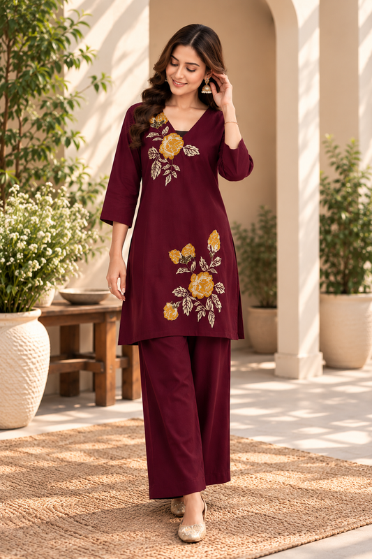 Maroon Floral Embroidered Kurti Palazzo Set - Model View