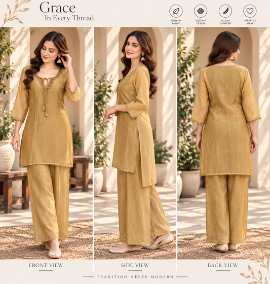 Golden Glass Fabric Embroidered Kurti Palazzo Set - Front Side and Back View