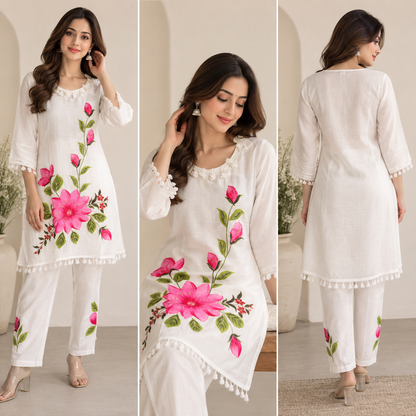 White Floral Hand-Painted Coord Set - Front and Back View