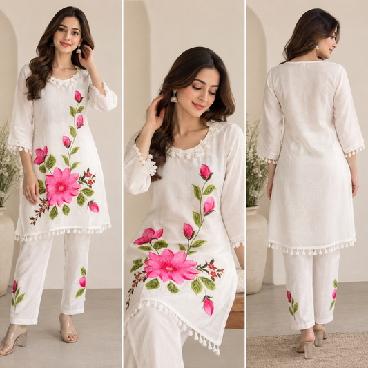 White Floral Hand-Painted Coord Set - Front and Back View