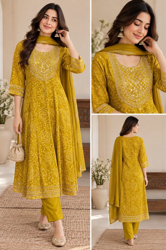 Mustard Floral Anarkali Set